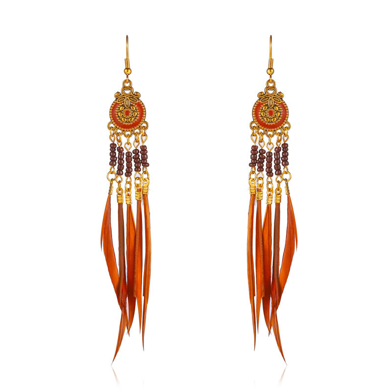 Women's Oil Dripping Round Small Colorful Feather Slimming Long Tassel Yunnan Stud Earrings