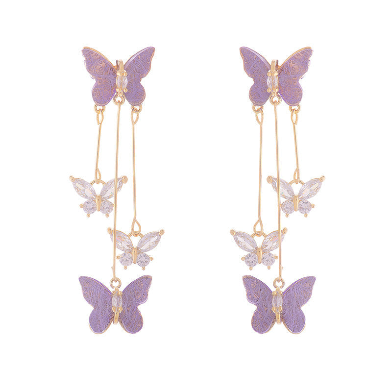Graceful Tassel Purple Wings Zircon Fairy Delicate Light Stud Earrings