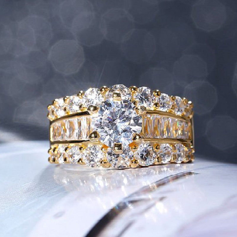 Women's Luxury Golden Bright Crystal Zircon Modern Design Engagement Party Rings