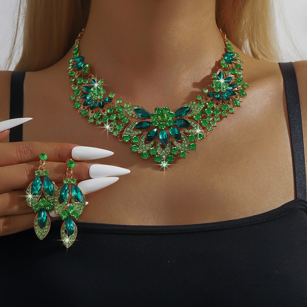 Bridal Wedding Suite Alloy Green Rhinestone Luxury Jewelry Set