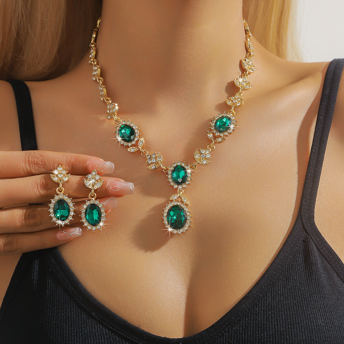 Bridal Wedding Suite Alloy Green Rhinestone Luxury Jewelry Set