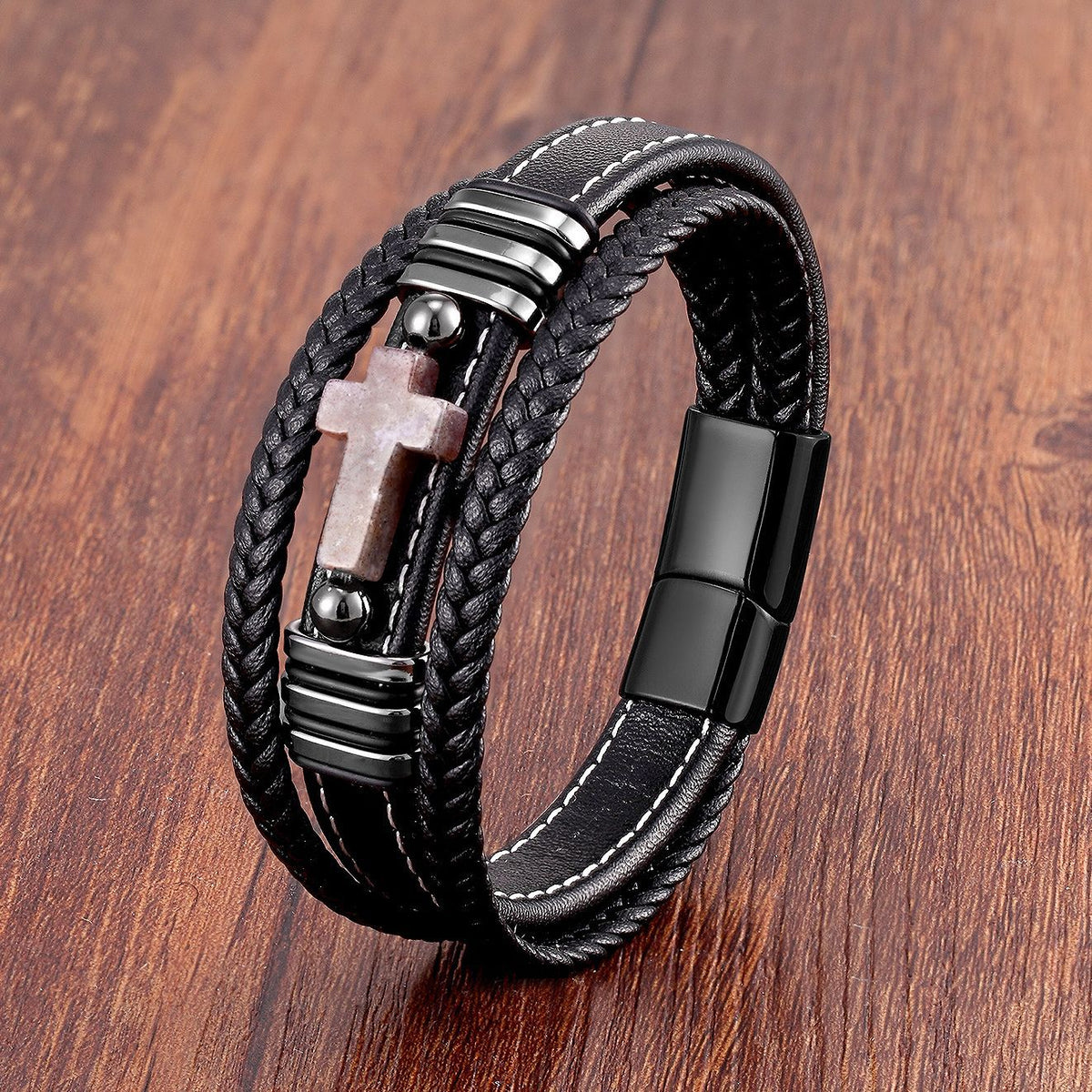 Men's Woven Leather Vintage Stone Cross Stainless Steel Bracelet