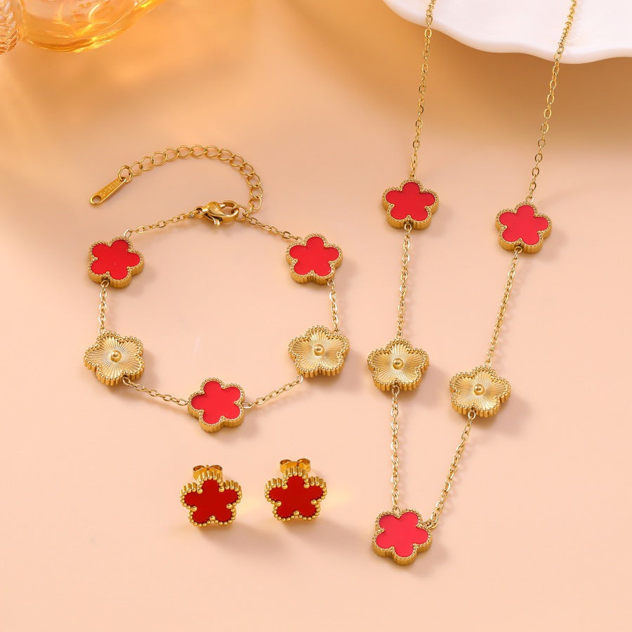 Women's Exquisite Texture Five-leaf Flower Ear Gold Stainless Jewelry Set