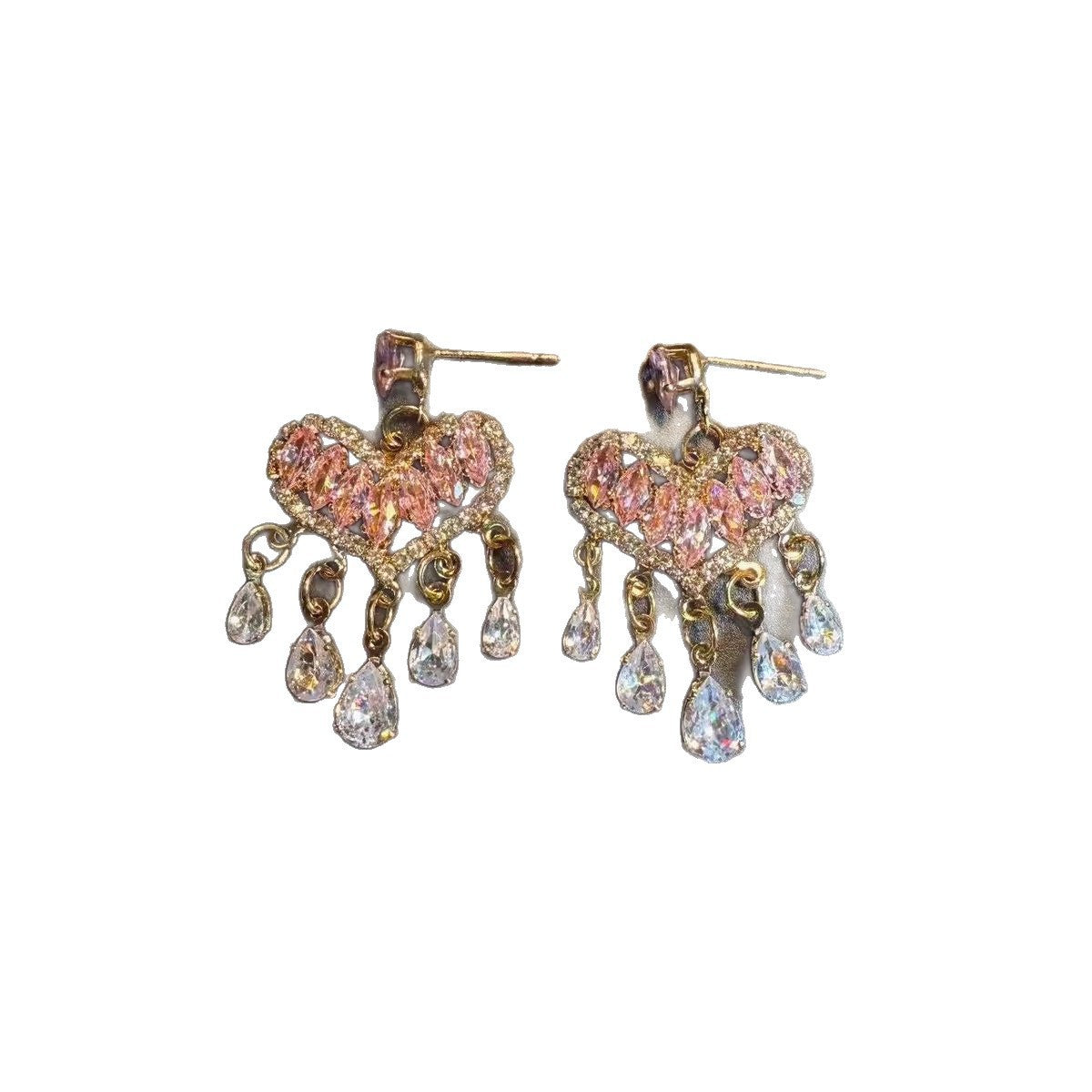 Women's Love Heart Light Luxury Rhinestone Tassel Water Drop Niche High Stud Earrings