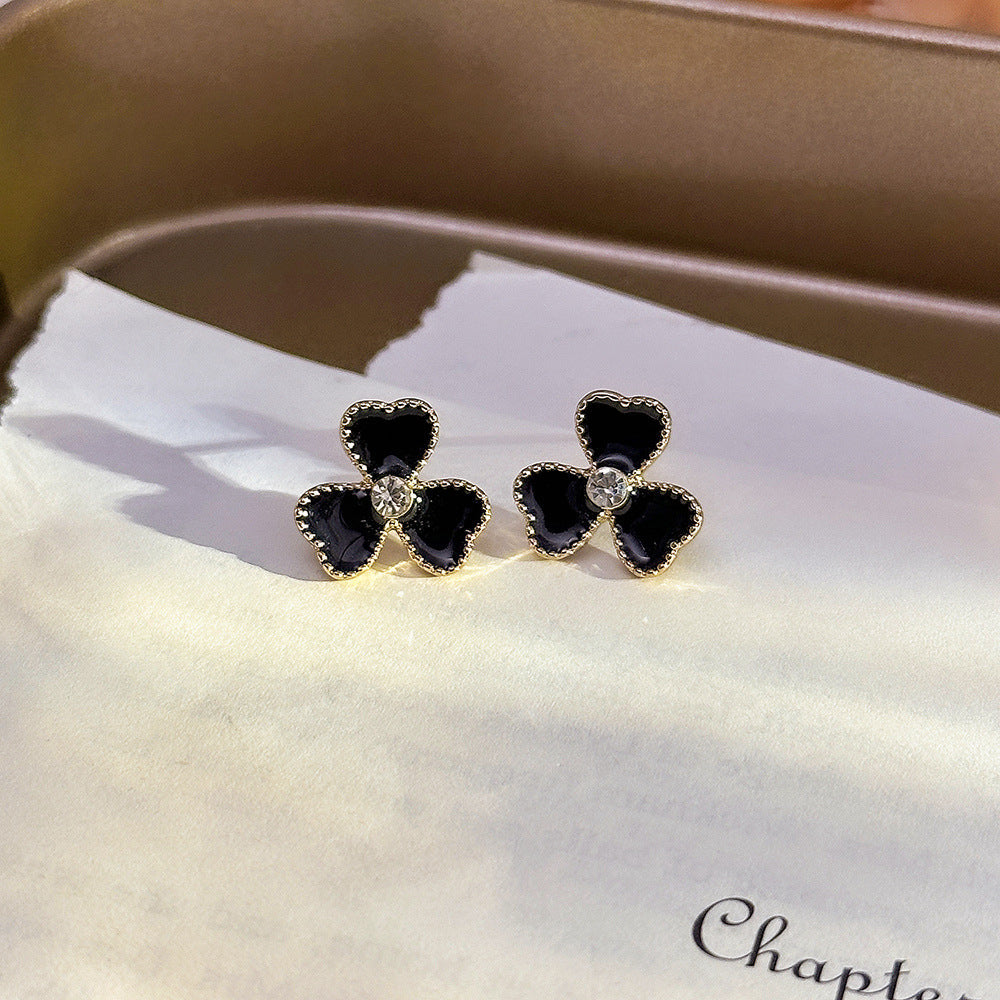 Sier Black Oil Dripping Flower Ear Korean Simple Elegant High-grade Stud Earrings