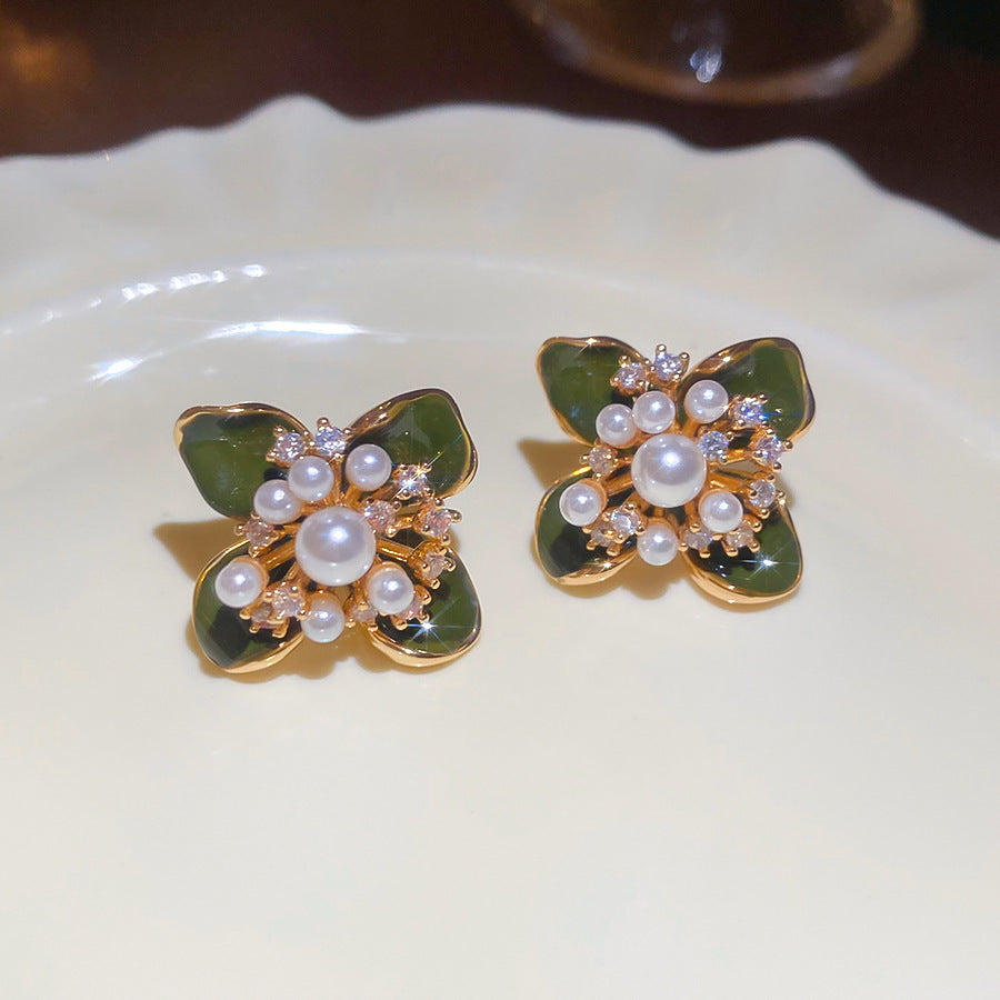 Jardin Monet Blue Glaze Flowers Pipa Pearl Chinese Retro Light Stud Earrings