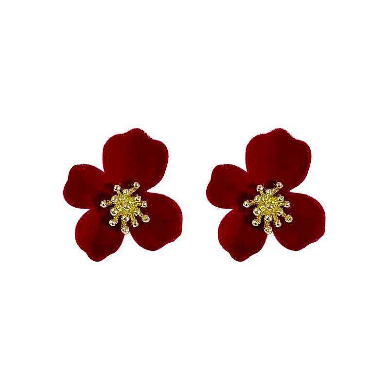 Brown Flocking Bow Bead Retro Red Earrings