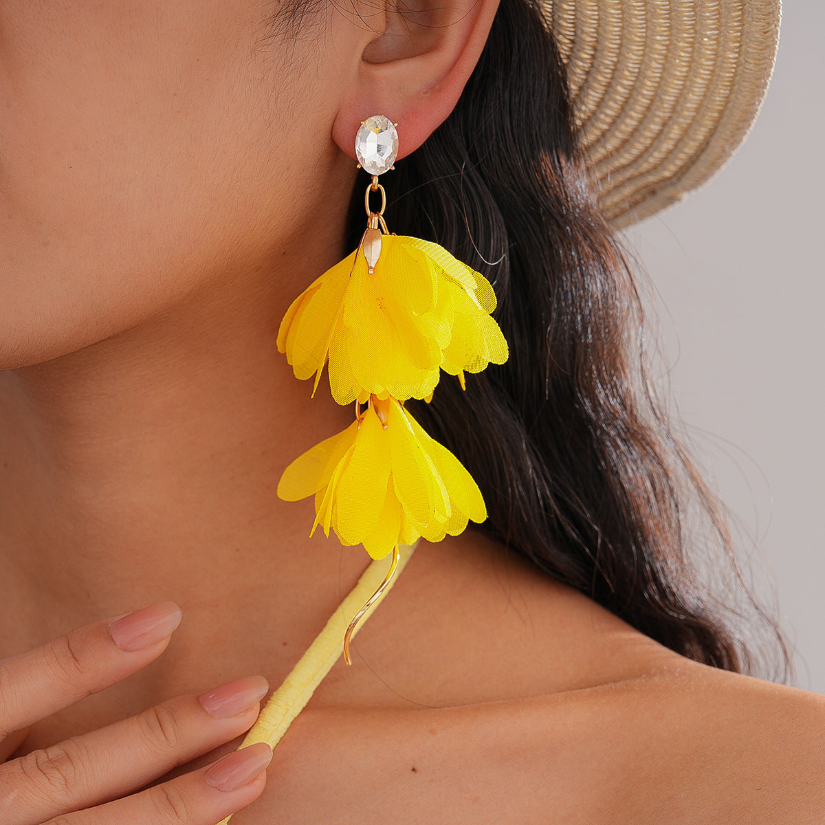 Metal Chiffon Flower Tassel Sier Pin Beach Earrings
