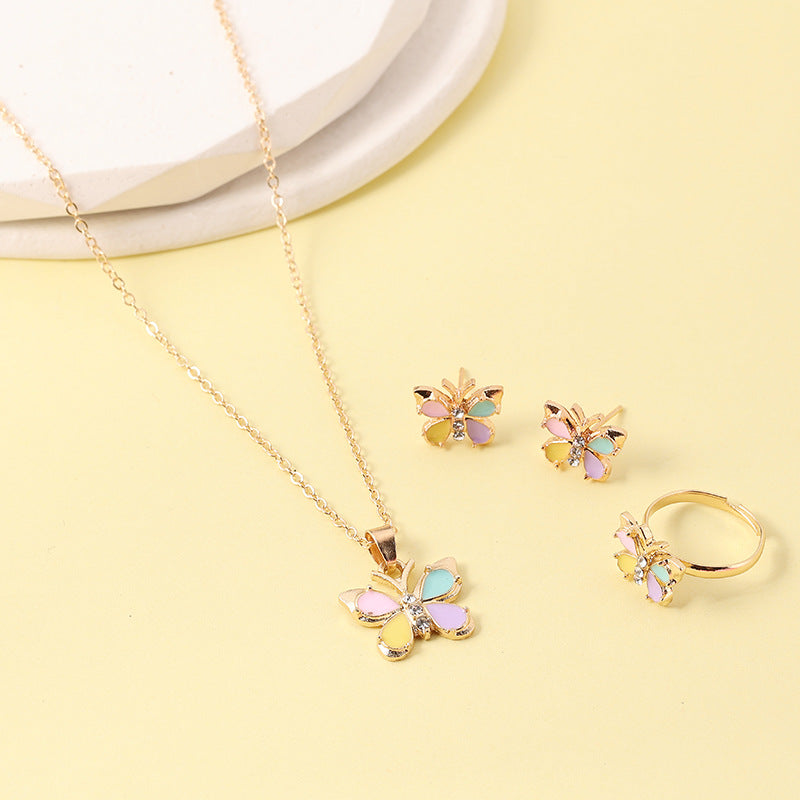 Children's Alloy Dripping Oil Cartoon Butterfly Love Jewelry Set