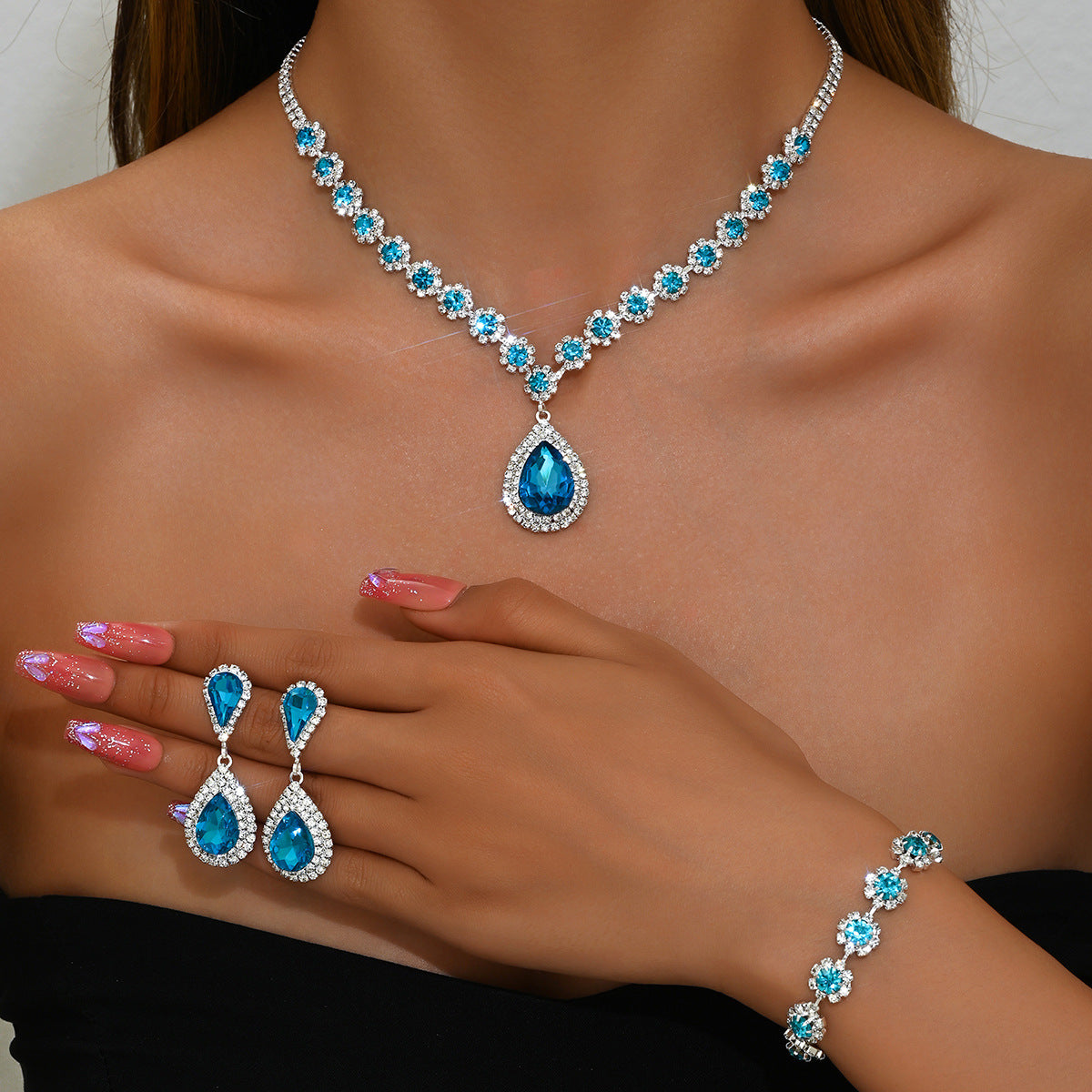 Wedding Bridal Ear Three-piece Full Diamond Jewelry Set