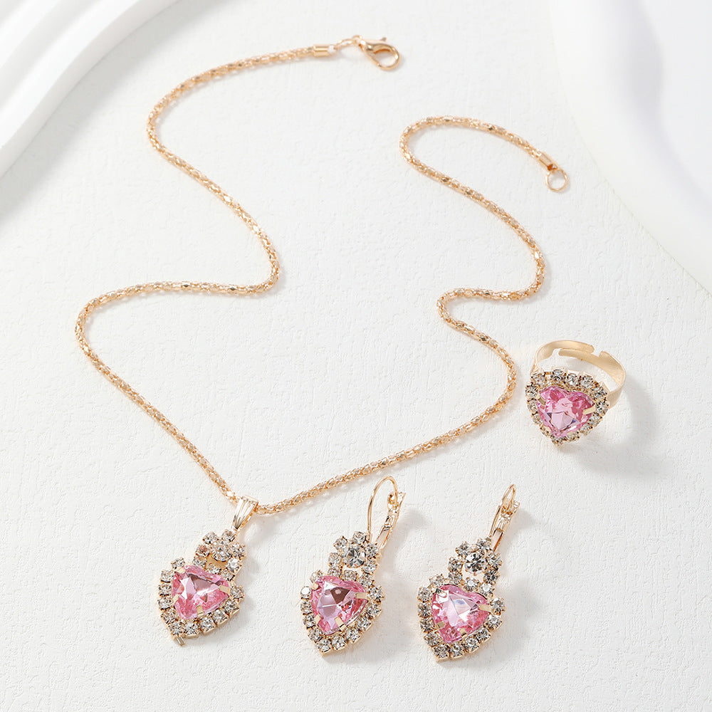 New Water Drop Heart-shaped Three-piece Jeweled Earrings
