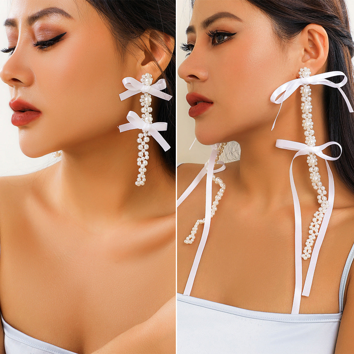 Personalized Bow Ribbon Imitation Pearl Crystal Flowers Earrings