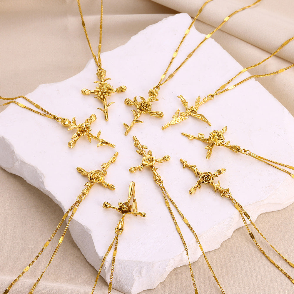 Gold-plated December Flower Three-dimensional Birthday Cross Holiday Necklace