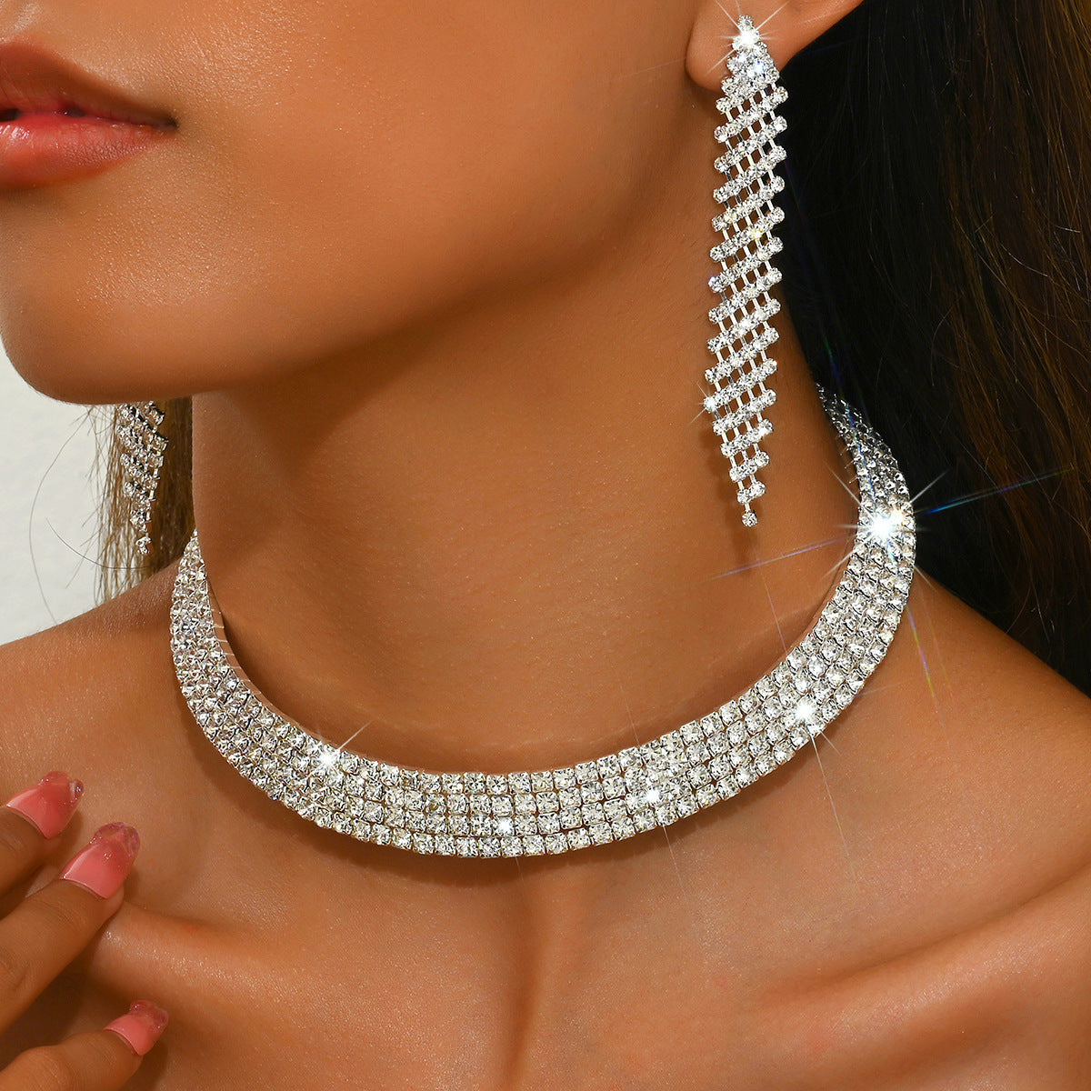 Rhinestone Tassel Stretch Bridal Formal Dress Jewelry Set