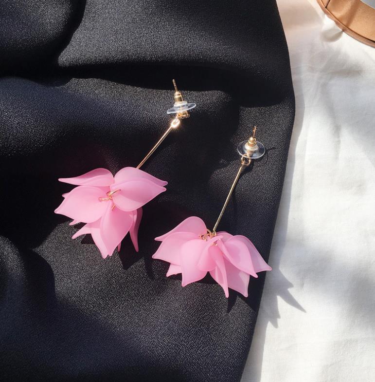 Korean Style Frosted Leaf Petal Long Flower Tassel Lotus Earrings