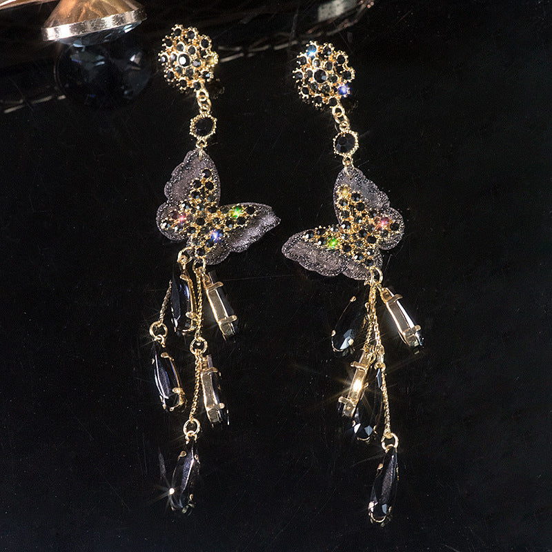 Black Butterfly Long Tassel Crystal Temperament Earrings