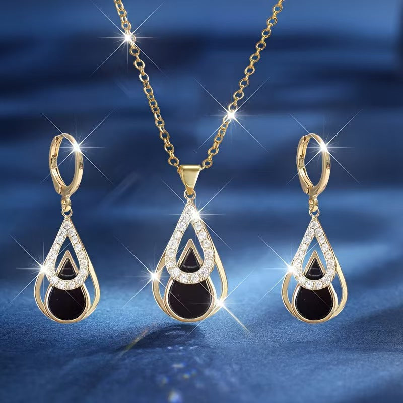 Luxury Advanced Diamond Fashion Black Water Drop Hollow Simplicity White Jewelry Set