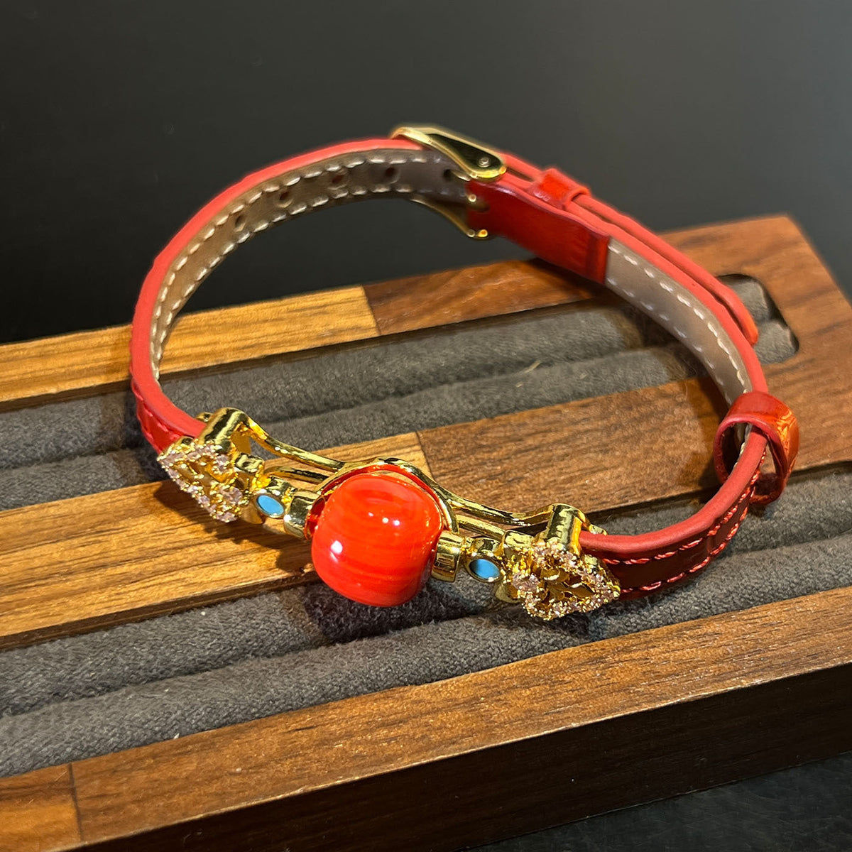 Coral Leather Watch Strap Adjustable Chinese Style Red Jewelry Set