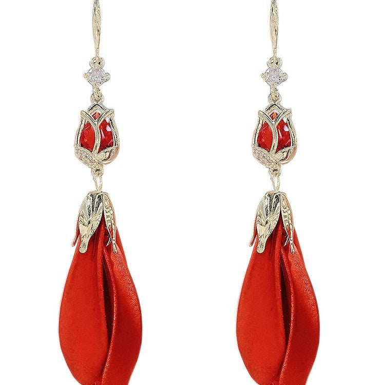 Women's Red Tulip Petal Trendy Elegant Long Earrings