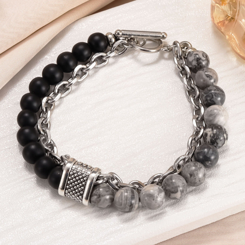 Men's Natural Unique Map Stone Beaded Iron Bracelets