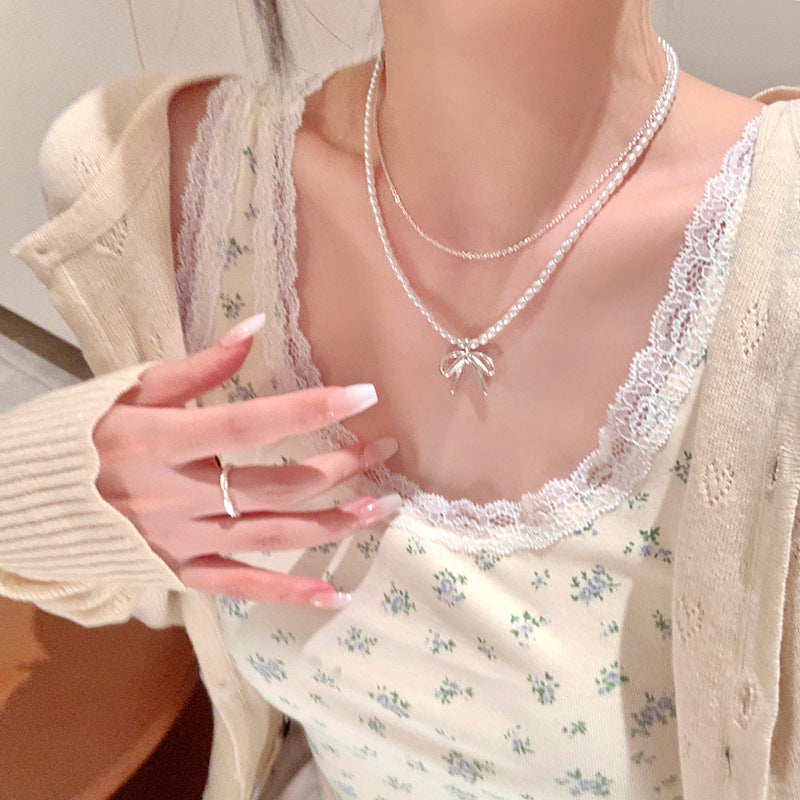 Women's Style Pearl Bow Small Beads Clavicle Chain High-grade Necklaces