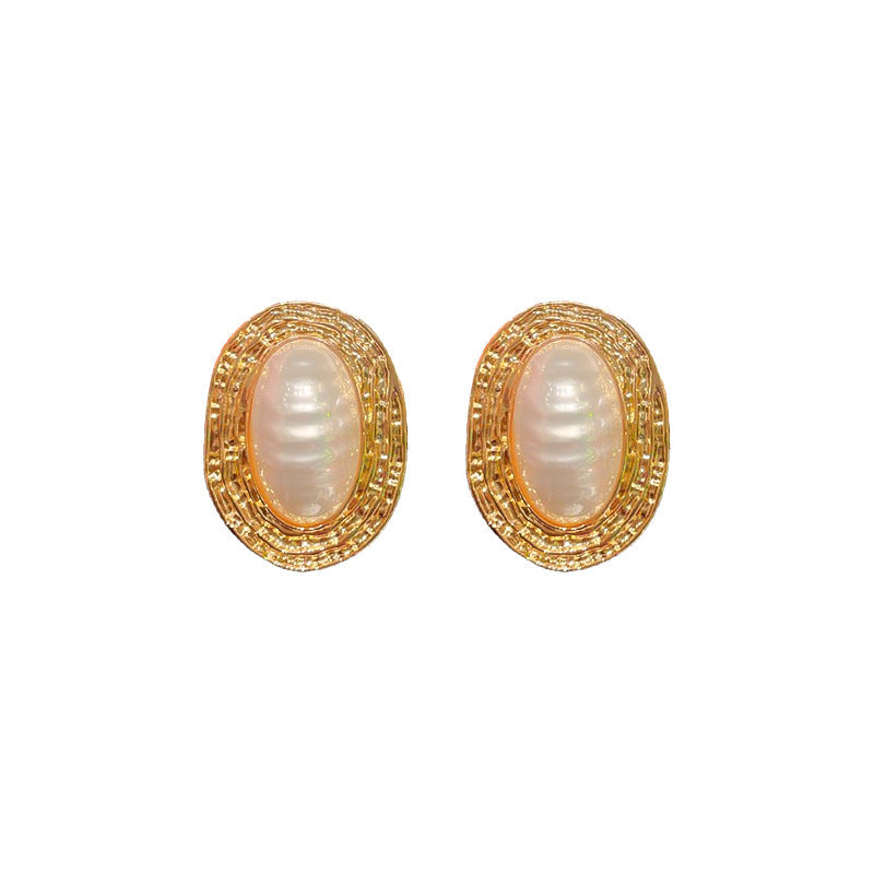 Pleated Striped Oval Pearl Retro Fashion High Sense Exaggerated Personalized Earrings