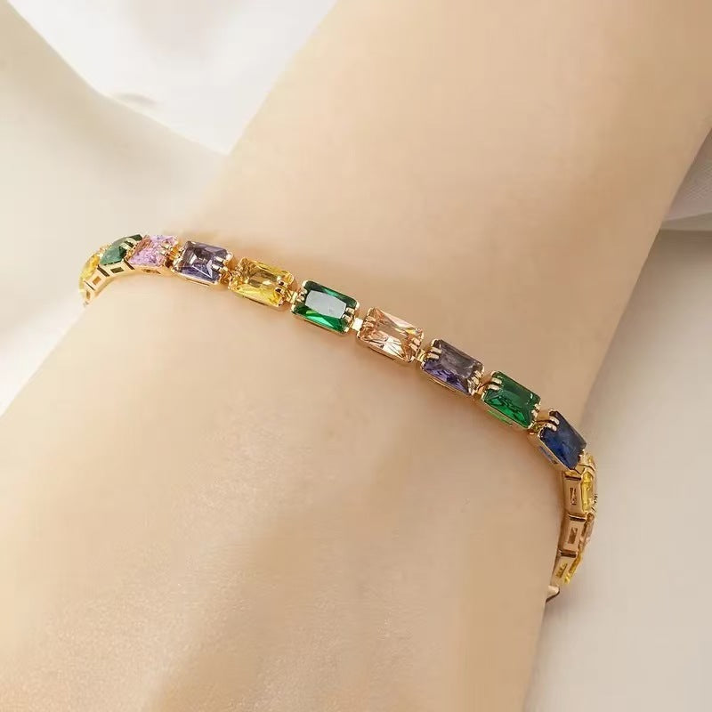 Women's Minority Copper Rectangular Korean Diamond Crystal Color Fashion Zircon Bracelet