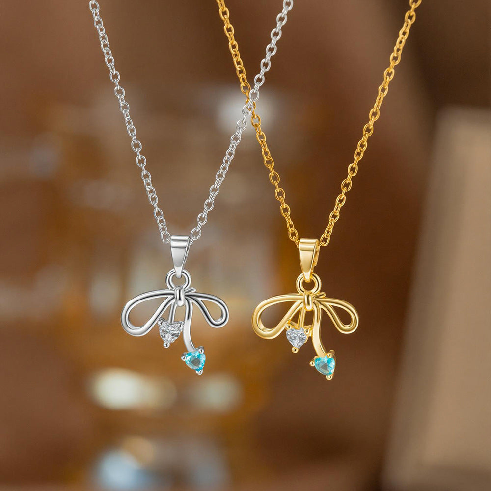 Women's Bow Light Luxury Minority Design Blue Diamond Love High-grade Simple Necklaces