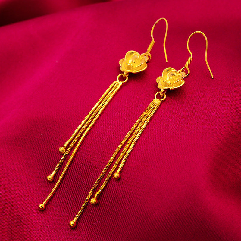 Women's Long Fringe Elegant Vietnam Placer Gold Earrings