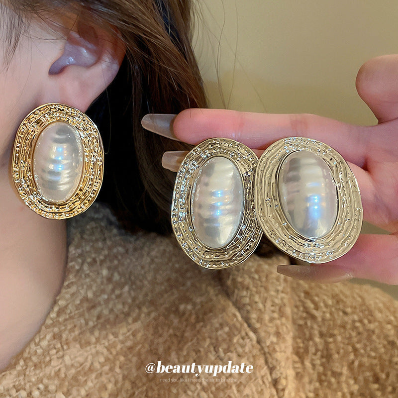 Pleated Striped Oval Pearl Retro Fashion High Sense Exaggerated Personalized Earrings
