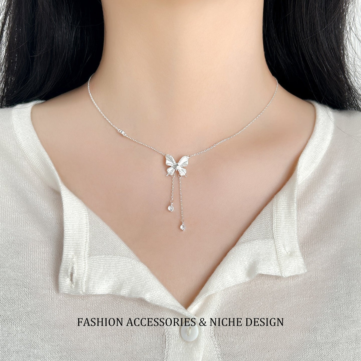 Women's Sweet Bow Long Tassel High-grade Niche Necklaces