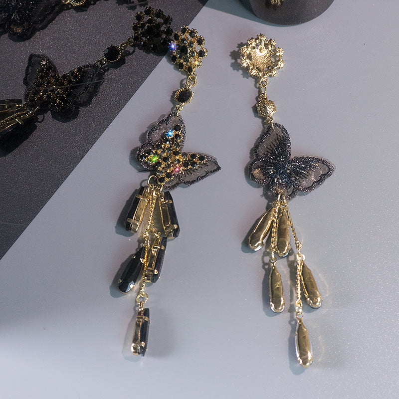 Black Butterfly Long Tassel Crystal Temperament Earrings