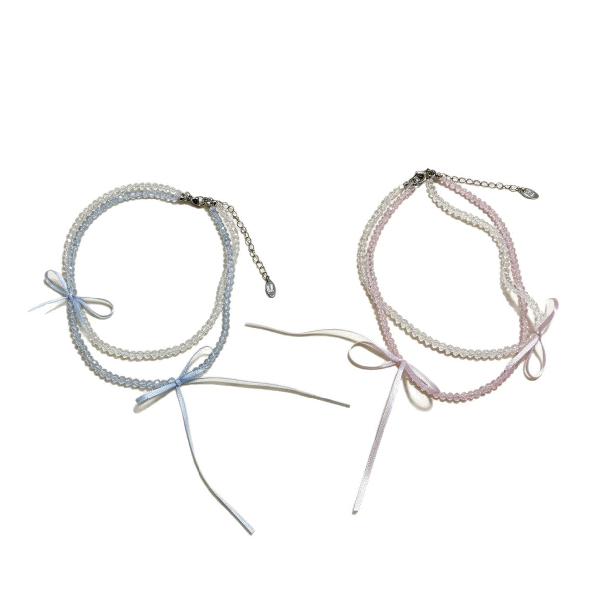 Girly Style Ribbon Bow Gentle Clear Clavicle Chain Beaded Double Necklaces