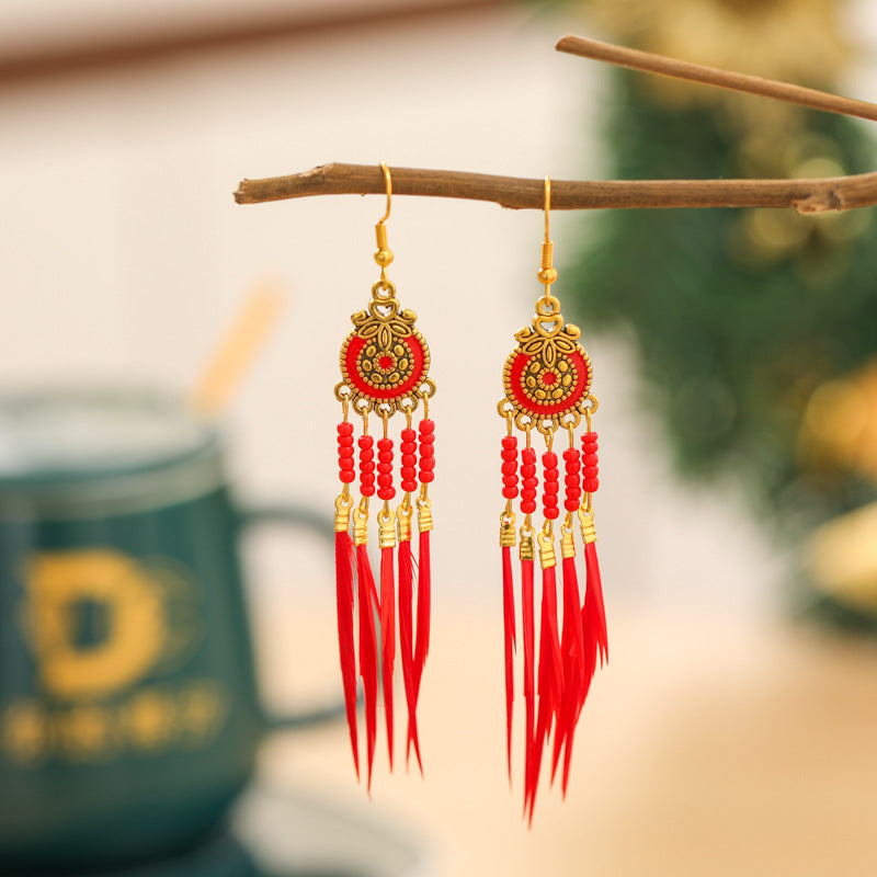 Women's Oil Dripping Round Small Colorful Feather Slimming Long Tassel Yunnan Stud Earrings