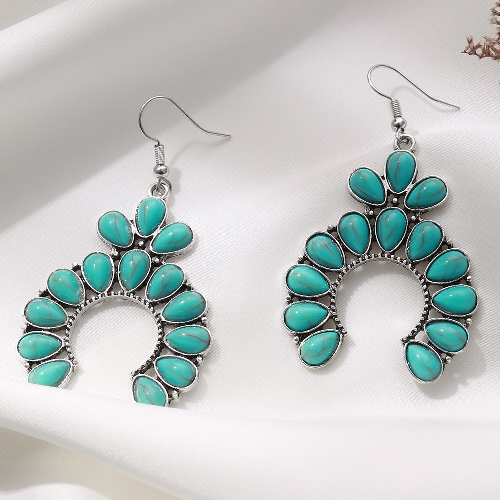 Retro Personalized Fan-shaped Hollow Turquoise Eardrops Rings