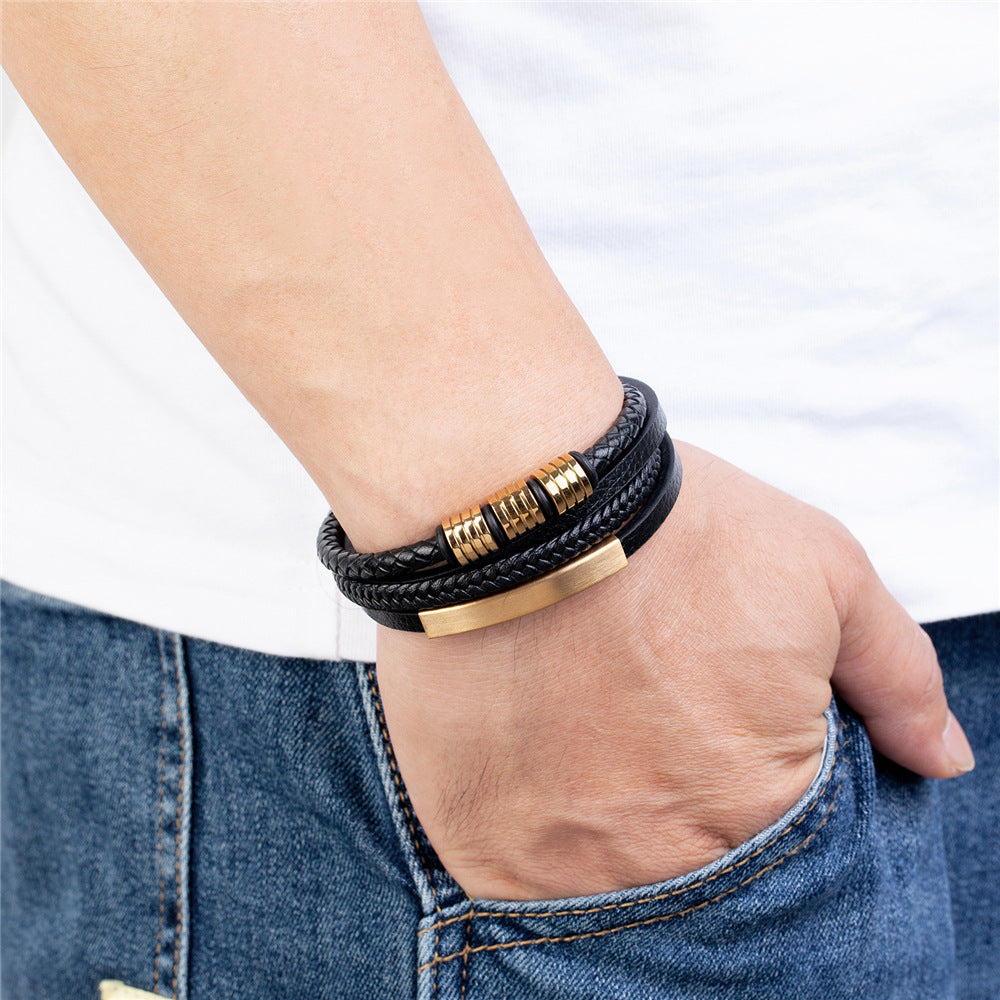 Men's Popular Titanium Steel Authentic Leather Weave Bracelet