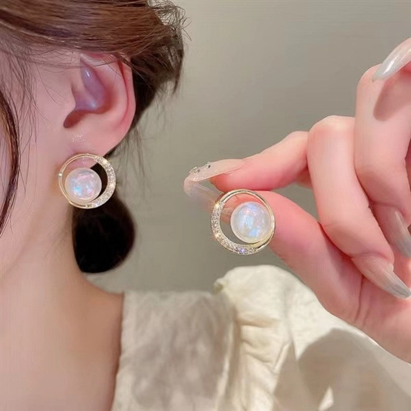 Zircon Circle Mermaid Pearl Sier Elegant High-grade Earrings