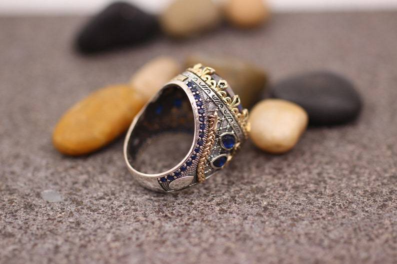 Men's Vintage Colored Gemstone Two-color Gold-plated Wide Rings