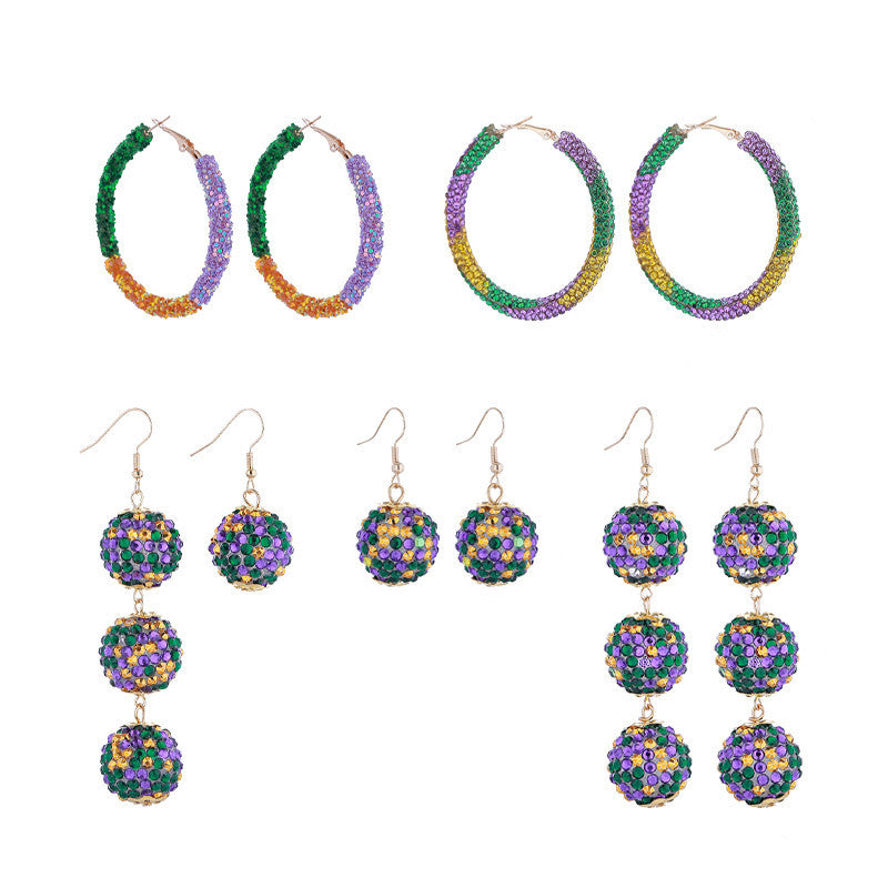 Purple Yellow Green Various Materials Ear Tassel Sequins Rhinestone Ball Earrings