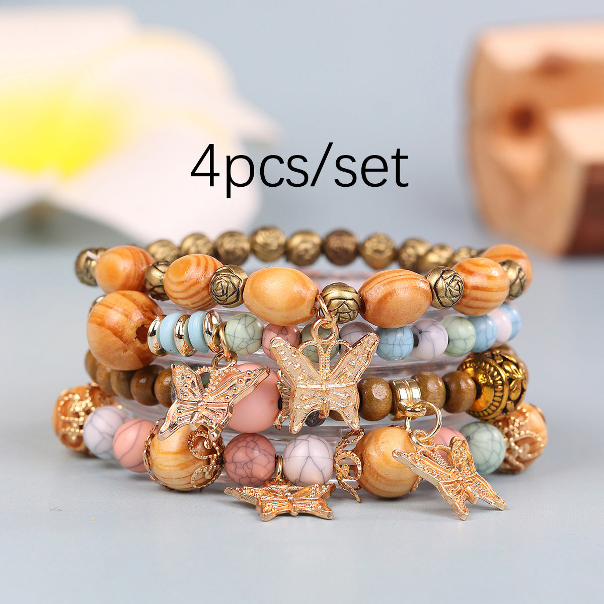 Exquisite Wooden Bead Bohemian Tassel Four Pendants