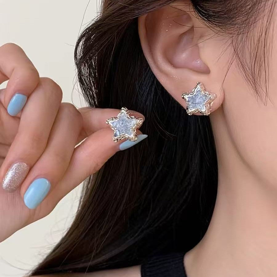 Blue Ice Crystal Fresh Sweet Pentagram Mosquito Coil Ear Clip Earrings
