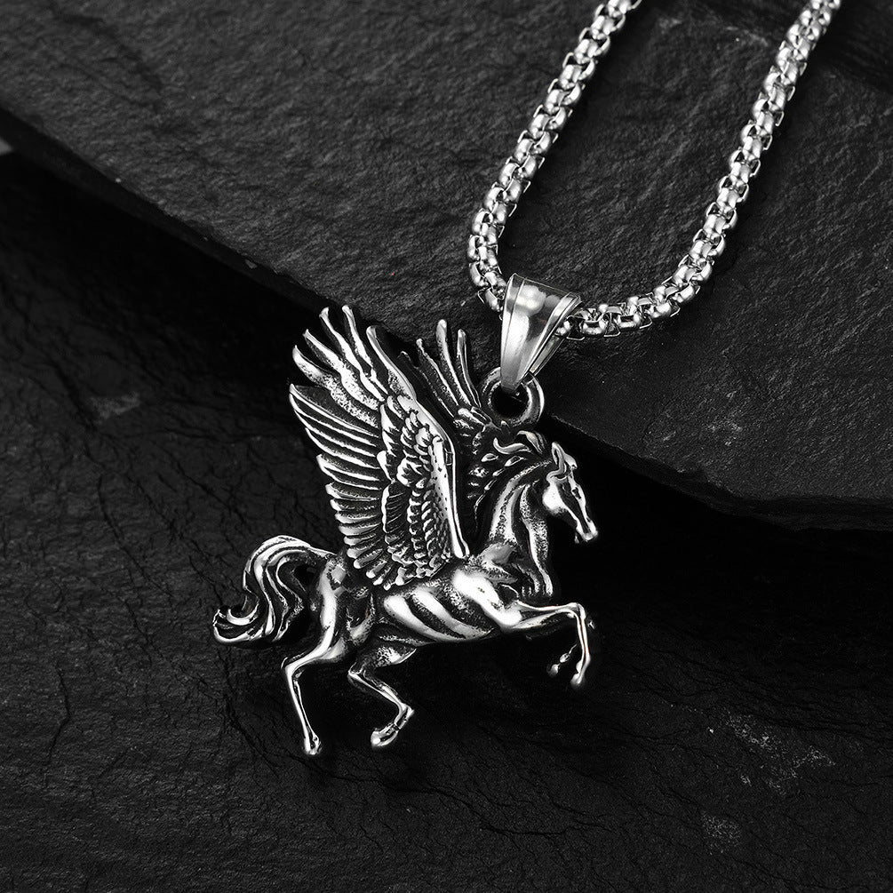 Women's & Men's Retro Style Greek Mythology Titanium Steel Pegasus Unicorn Double Wings Necklace