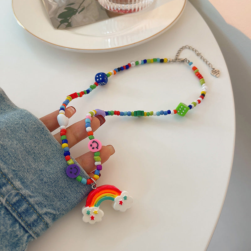 Rainbow Cartoon Polymer Clay Monster Niche Hip Necklace