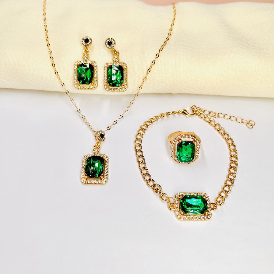 Style Geometric Three-piece Emerald Female Temperament Light Jewelry Set
