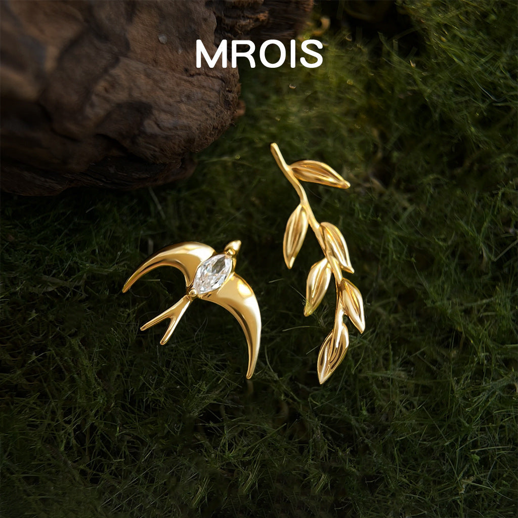 Women's Gold-plated Swallow Leaves Zircon Ear Style Fashion Commuter Light Luxury Earrings