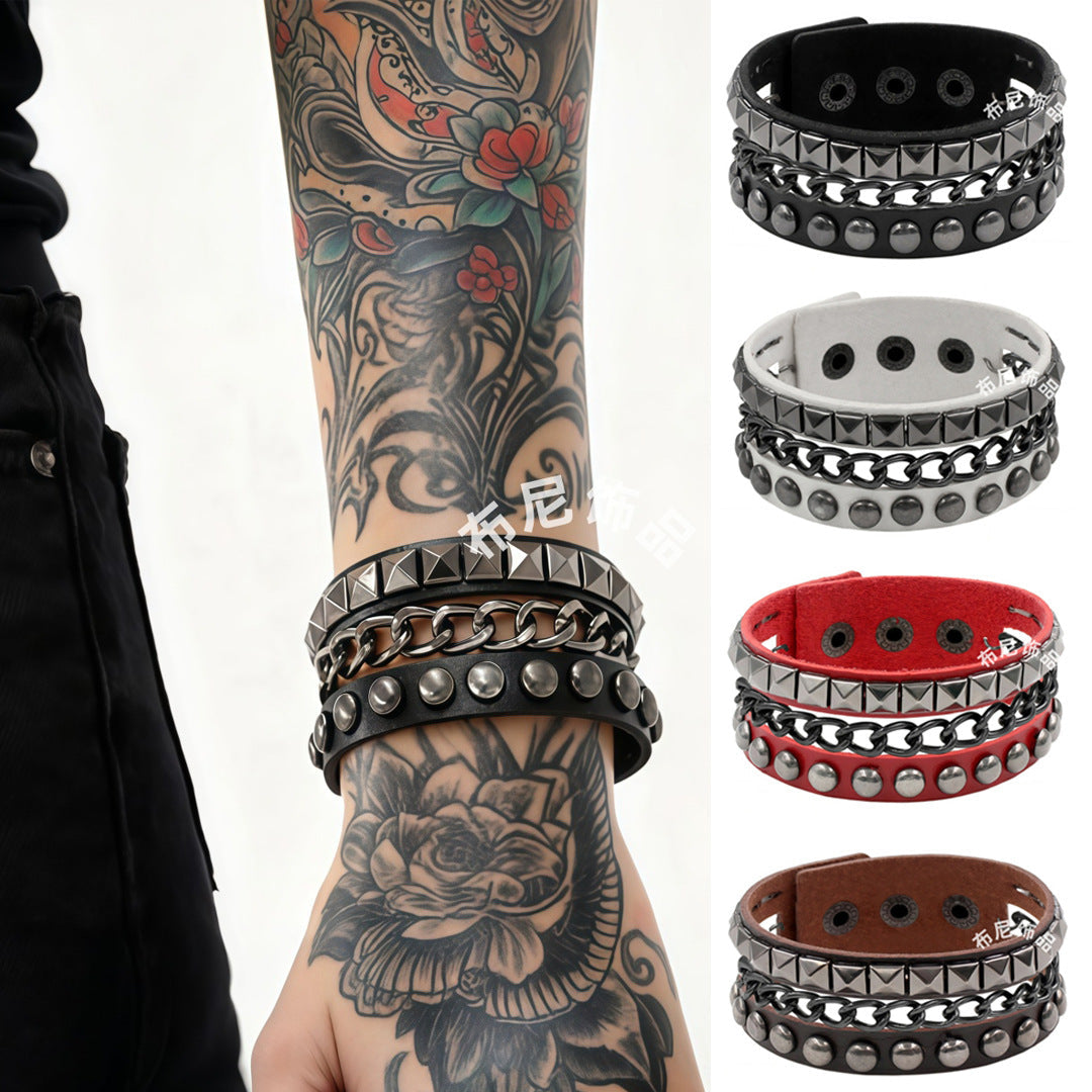 Protection Leather Fashion Punk Dark Black Square Round Bracelet