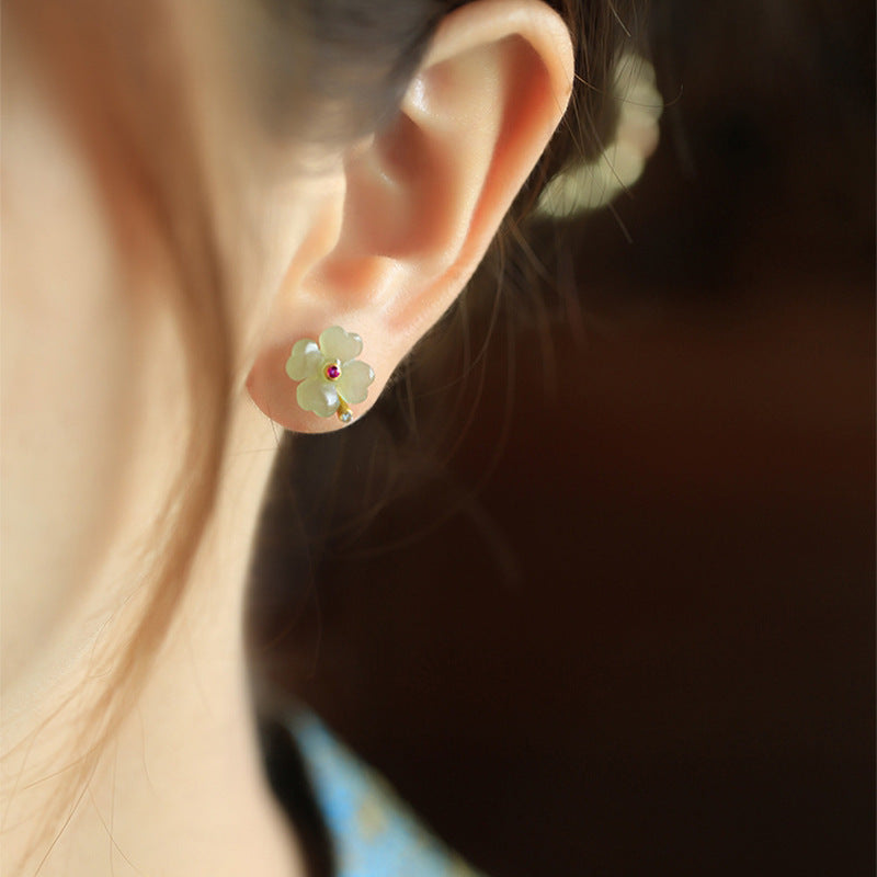Imitation White Jade Flower Female High Sense Earrings