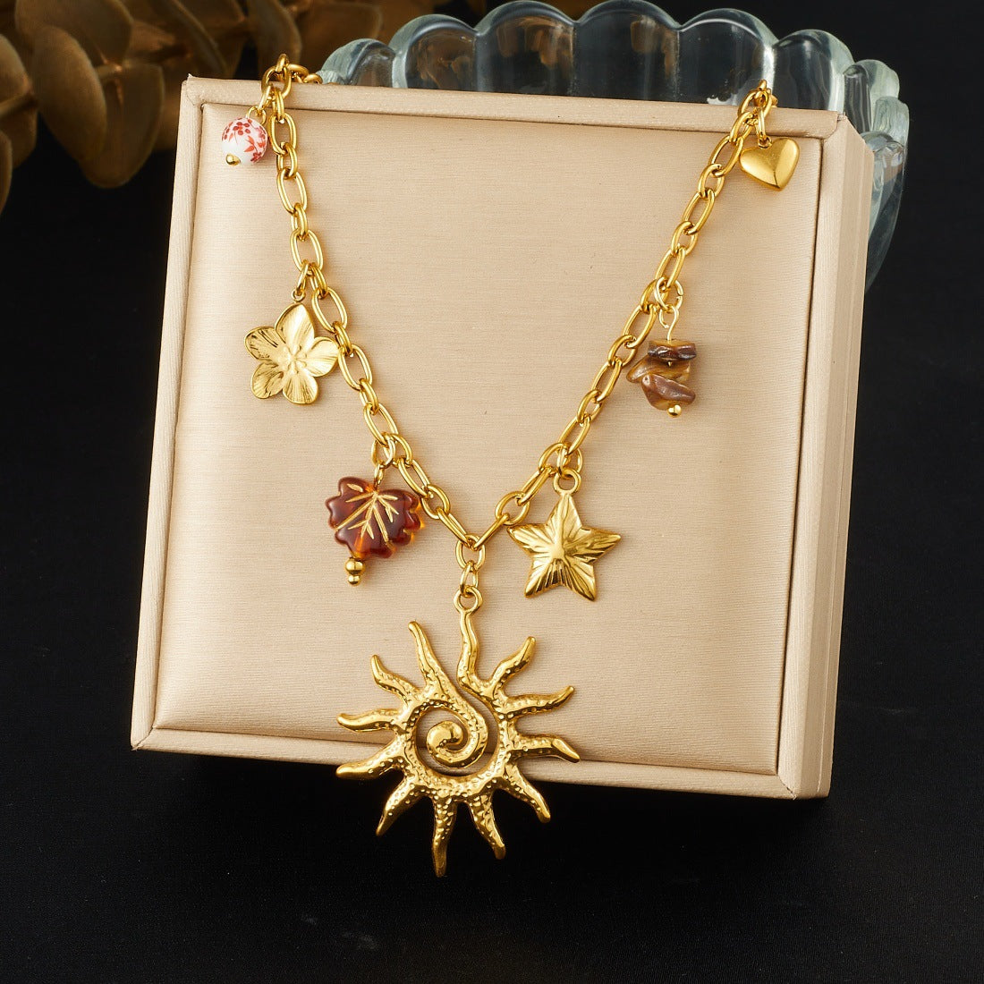 Fashion Gold-plated Star Sunflower Gravel Beaded Leaf Stainless Jewelry Set