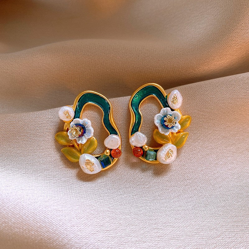 Jardin Monet Blue Glaze Flowers Pipa Pearl Chinese Retro Light Stud Earrings