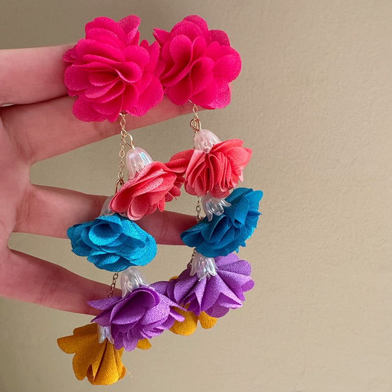 Sweet Dopamine Design Ear Temperament Colorful Fabric Flower Tassel Super Earrings